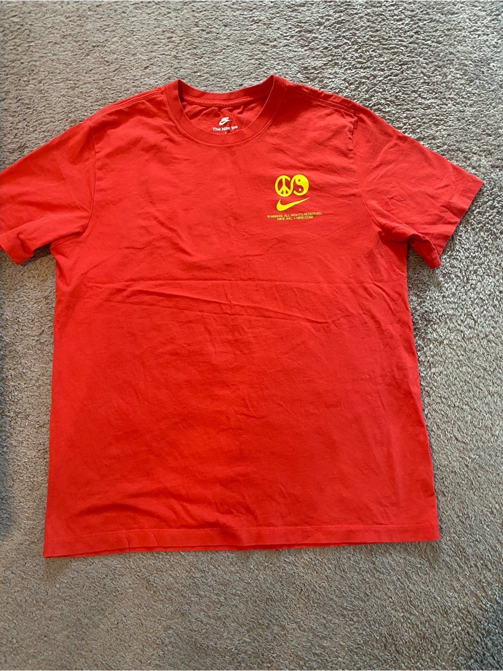 Men’s Nike Red Short Sleeve Tee with Yellow Peace & Smile Graphic
